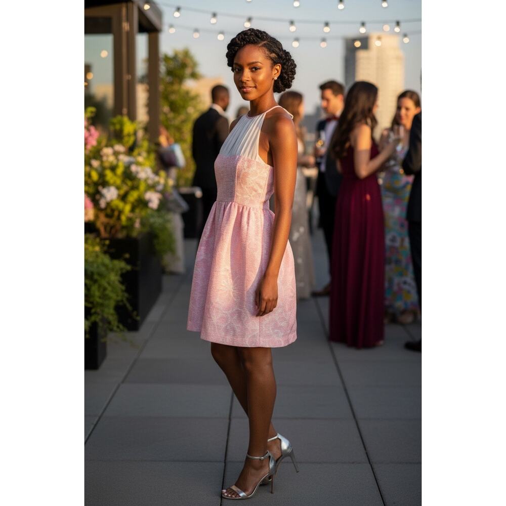 Lilly Pulitzer Kailey Pink & White Iridescent Chiffon Halter Dress Size 12 fun